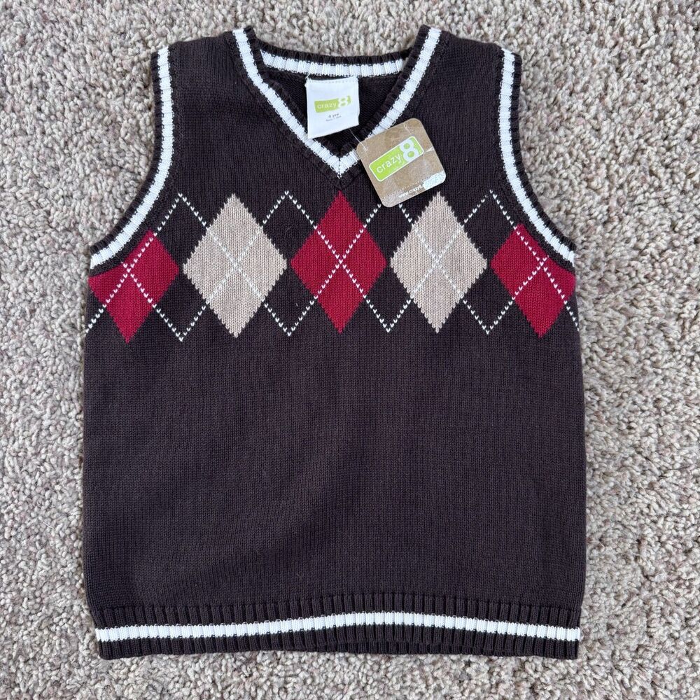 NWT crazy 8 boy size 4 sweater vest argyle brown